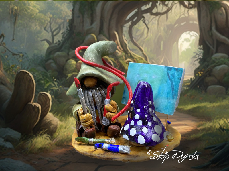 Painted clay gnome figurine as an artist