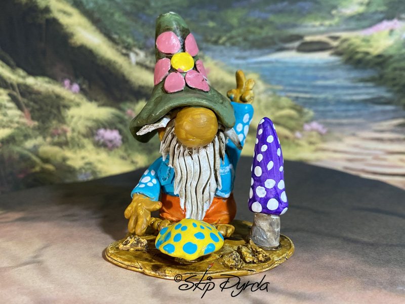 Painted clay gnome figurine flower power