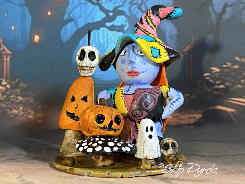 Painted clay gnome figurine as Sally from Nightmare Before Xmas