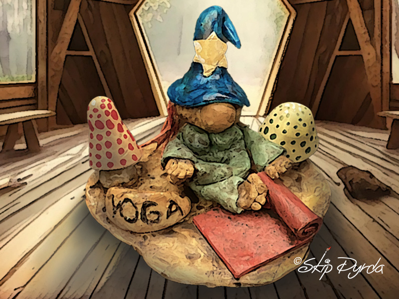 Painted clay gnome figurine as a yoga teacher